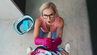 MILF Mandy Rhea in glasses gives blowjob to Jayden Marcos