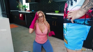 MILF Mandy Rhea in glasses gives blowjob to Jayden Marcos