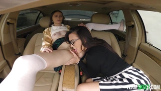 Sia Wood gets her pussy licked by Ivy Ireland in the car