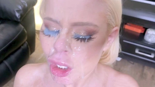 Nikki Delano gets her face covered with sperm after blowjob