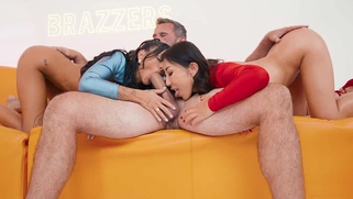 Ryan Reid and Nicole Doshi are sucking Manuel Ferrara's big cock