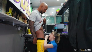 Bespectacled Ashley Alexander is sucking BBC in POV