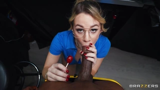 Bespectacled Ashley Alexander is sucking BBC in POV