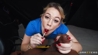 Bespectacled Ashley Alexander is sucking BBC in POV