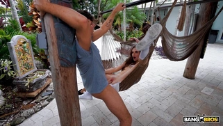 Nikki Nicole gets banged by Kai Jaxon on the padio swing