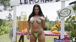 Big boobed naked babe selling lemonade  - 2