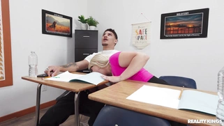 Maisey Monroe is sucking Victor Ray's cock in the classroom