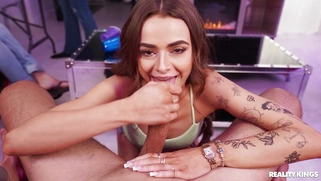 Beautiful girl happily sucks a man's dick in front of her girlfriends