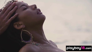 Nude asian teen and GF watch the sunset