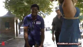 Leashed babe in sheer dress in public