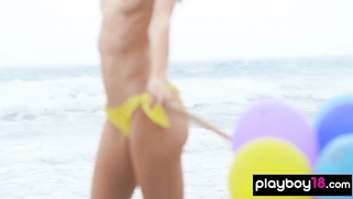 Italian MILF blondie plays with balloons