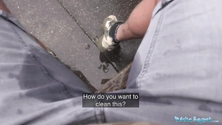 The waitress offers to fuck him in the toilet after making his pants a mess