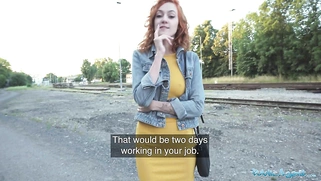 A gorgeous redhead waitress gets raped doggystyle outside in public after sucking cock