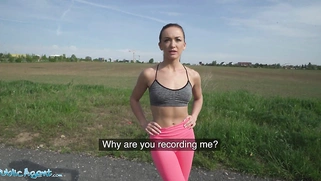 Hot fitness babe in tight yoga pants shows her big ass for cash and fucks a big dick