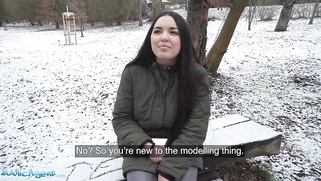 Spanish Brunette Flashes Big Natural Tits in the Snow