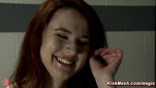 Hairy pussy ginger babe fucks machine