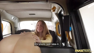 Fake Taxi Brunette babe finds a rubber vagina and offers her real pussy for free