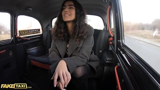 Fake Asian taxi girl rips her tights and fucks her pussy with an Italian taxi driver