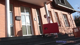 Cream-Covered Blonde Fucks a Nerd Masseur