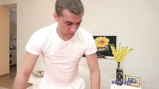 Cream-Covered Blonde Fucks a Nerd Masseur