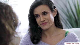 Beautiful stepdaughter sits on stepmoms face