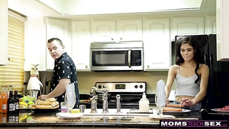 Horny Wife Makes Stepdaughter Share Cock While Dad Cooks