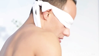 Mom Blindfolded husband tied up and fucked by wife in fishnet stockings