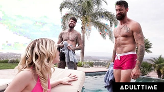 Fun-sized blonde Minx Marley finishes her bisexual birthday with a 3-way cum swap!