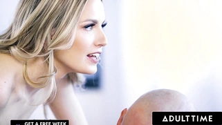 Cute masseuse Scarlett Sage teases a rival DILF's penis before swallowing his cum!