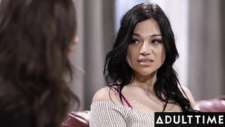 Lesbian doctor caught masturbating teaches busty client how to lick pussy + scissors