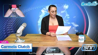 Hot MILF with huge tits masturbates live on air while reading the news