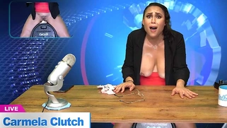 Hot MILF with huge tits masturbates live on air while reading the news