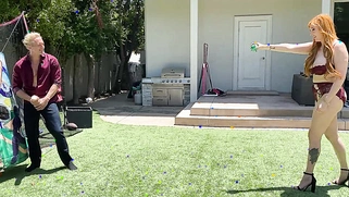 Big-booty redhead MILF plays ball with her stepson's huge white cock