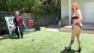 Big-booty redhead MILF plays ball with her stepson's huge white cock