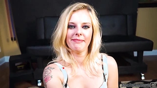 Hot blonde girl sucks cock while talking on phone