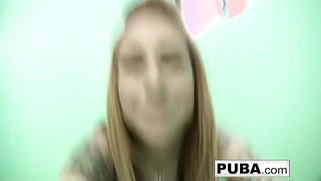 A gorgeous redhead with tattoos records herself cumming in the bathroom.