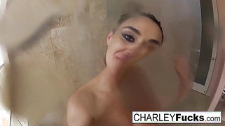 After a satisfying intercourse, Charley takes a shower.