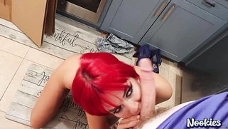 Redhead Thanks Moving Guy With Kitchen Blowjob