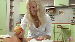 Milo P Watches Lila E Work Glass Dildo Into Herself On White Sheets!