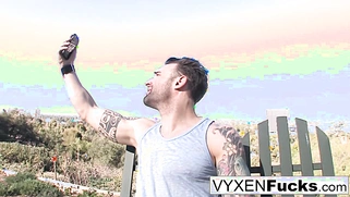 Sexy Vyxen Steel lets him cum on her huge tits