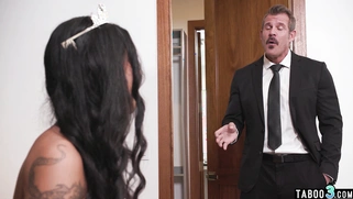 Nervous ebony bride showing her skills
