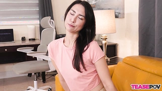 Playful East Asian Beauty Isabela Love Grins Back at You While Giving a Slow Handjob