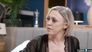 Mature stepmother catches spying stepson