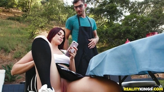 Logan Long offers his cock to Skyla Novea at backyard barbeque