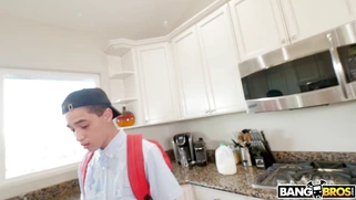 Ariella Ferrera seduces her neighbor’s son Juan in the kitchen