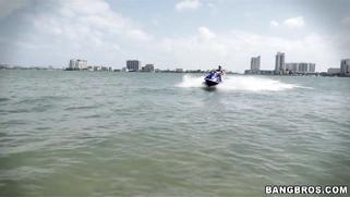 Nikki Benz riding watercraft letting her tits bounce around with every wave jump